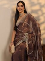 Brown Leheriya Embellished Silk Blend Saree