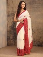 Cream Bandhani Embellished Silk Blend Saree