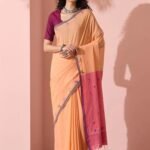 Light Orange Bengal Pure Cotton Embroidered Saree