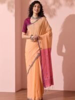 Light Orange Bengal Pure Cotton Embroidered Saree